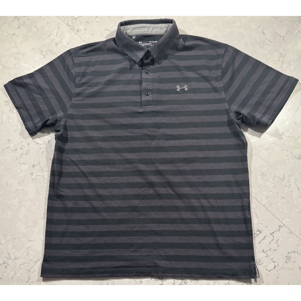 Under Armour Polo Shirt Mens XL Black Gray Striped Performance HeatGear Golf